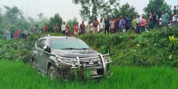 পথচারীকে বাঁচাতে গিয়ে ধানক্ষেতে গাড়ি, আহত প্রতিমন্ত্রী ও তার স্ত্রী